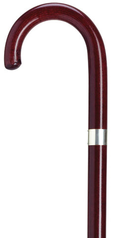 Ladies Mahogany finish wood Crook Walking Cane, sterling silver band, 36