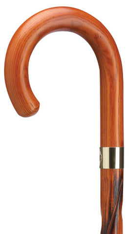 TORTIGLIONE Acacia Wood Crook walking cane, brass collar 36