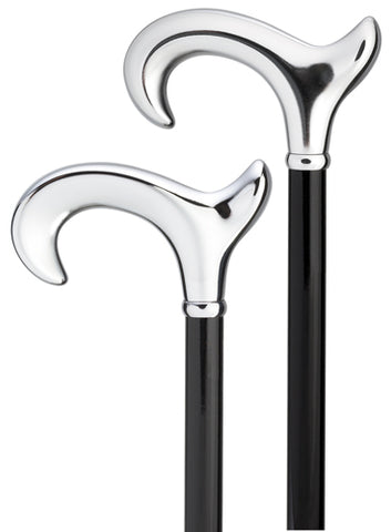 Bright Shiny Silver Chrome ergonomic LEFT walking cane, black wood shaft 36