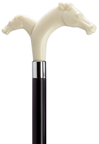 Double Horse Head Ivory Derby Walking Cane on Black shaft 36