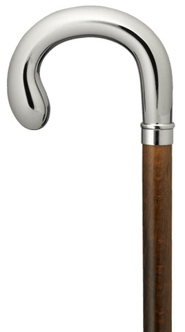 Chrome Silver Nylon Crook Walking Cane, walnut stained wood shaft 36