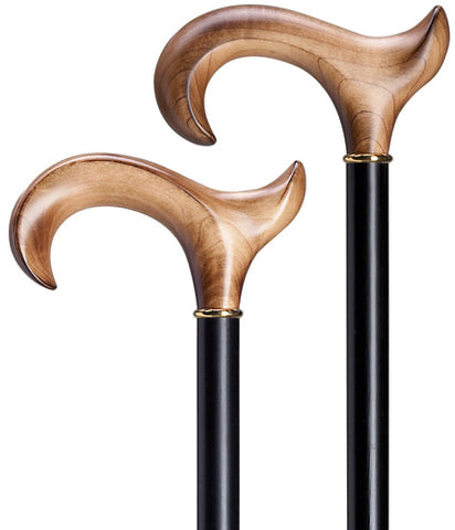 Ladies Scorched Maple Wood ergonomic LEFT Walking Cane, black shaft 36